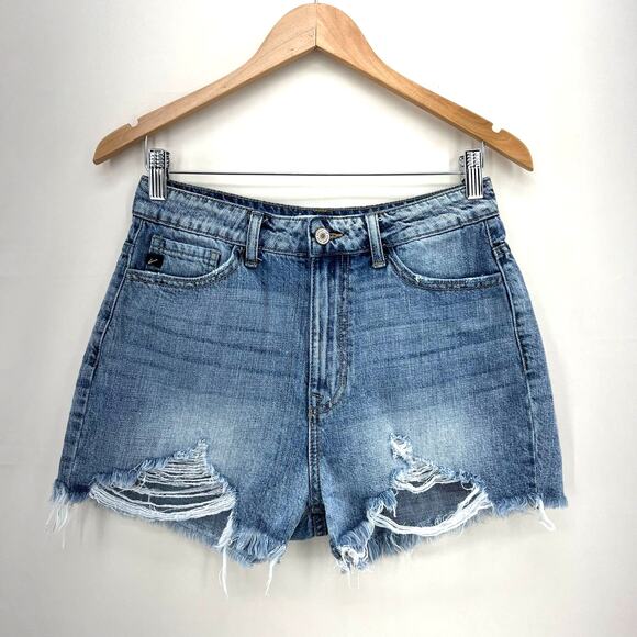 KANCAN High‎ Rise Distressed Ripped Hem Shorts Medium Blue Wash Cotton Women's S - Picture 1 of 5